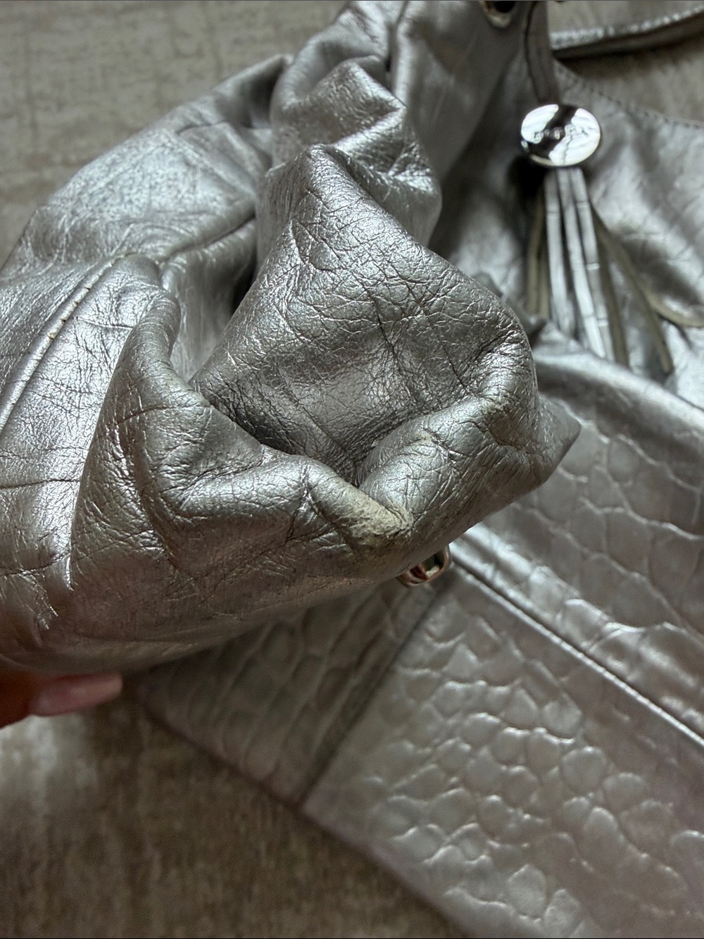 Furla metallic, silver croc embossed leather handbag - Picture 10 of 12